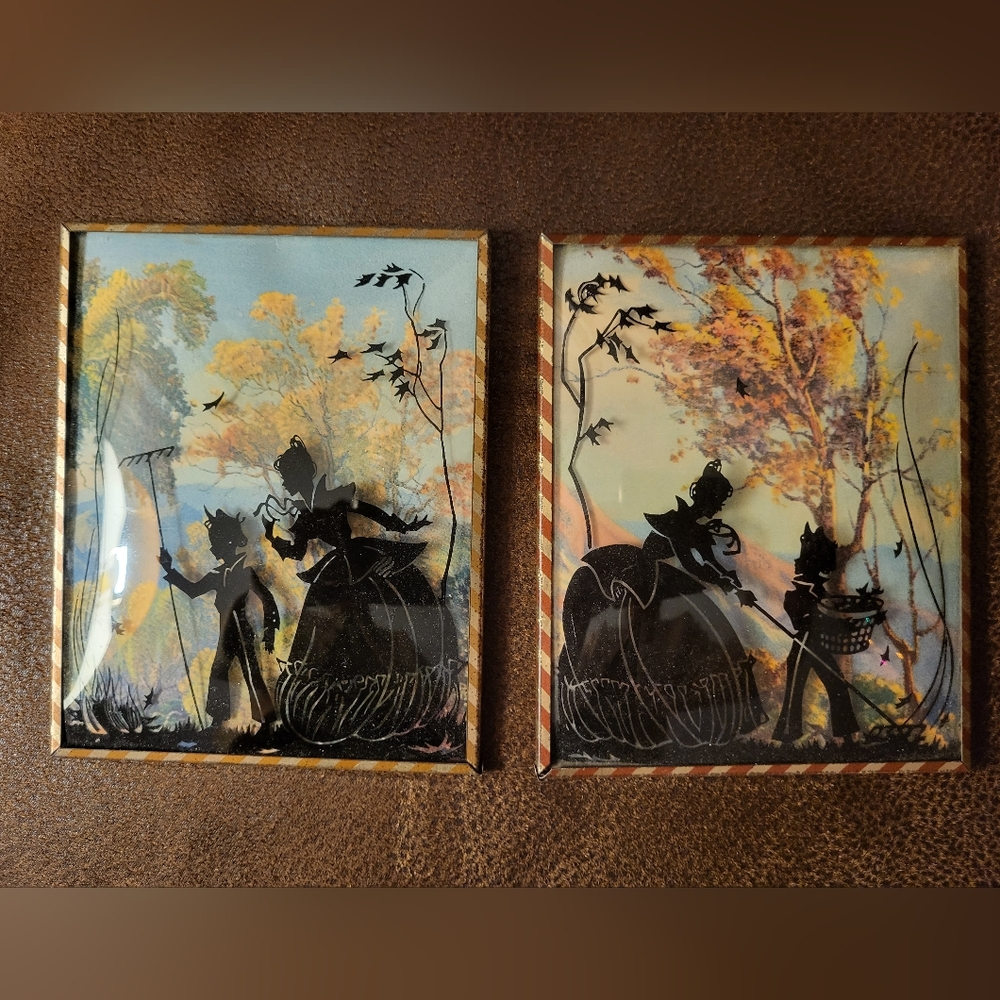 Vintage Convex Silhouettes - Mother and Son Raking Leaves